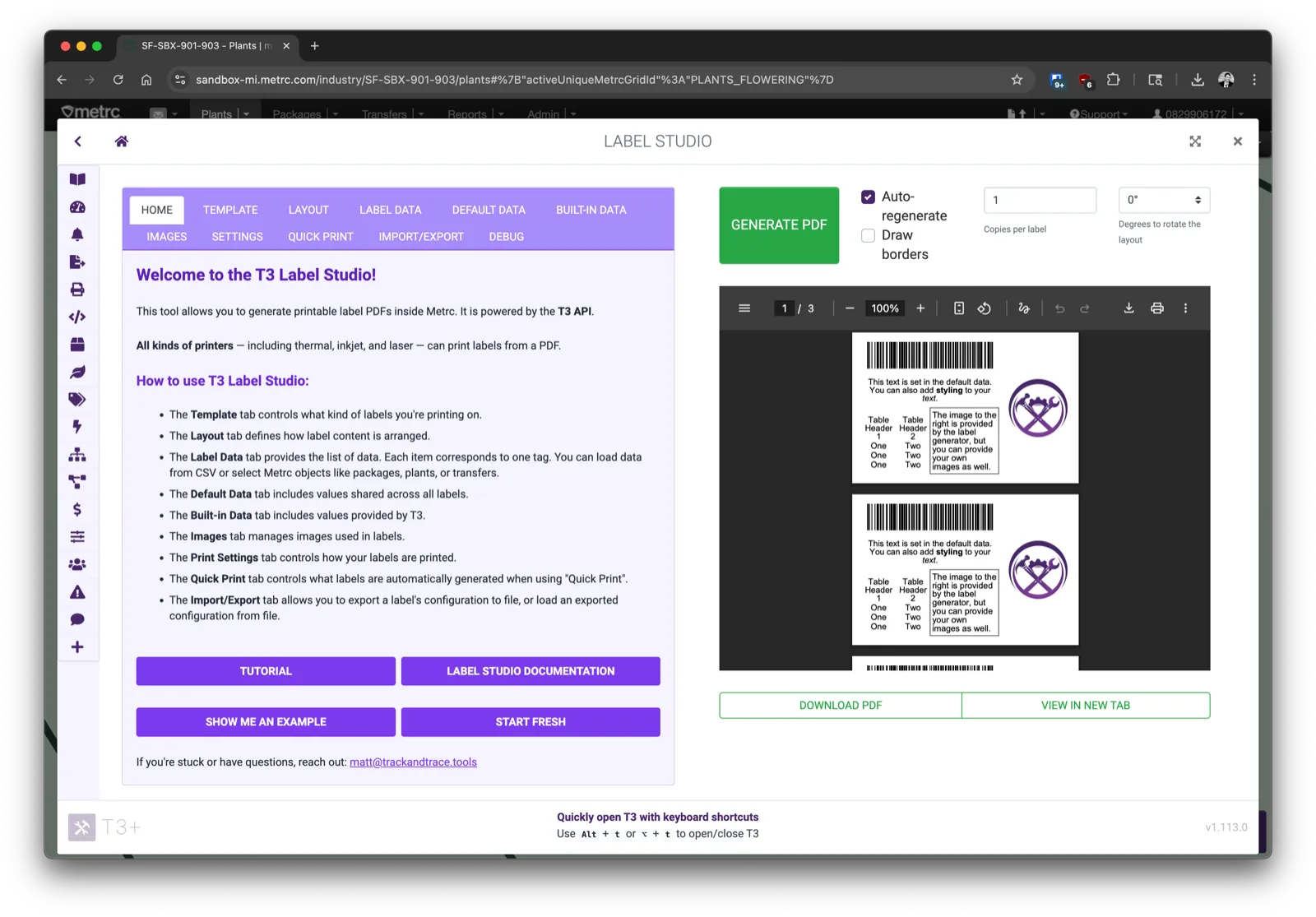 T3 Label Studio for Metrc compliance label printing